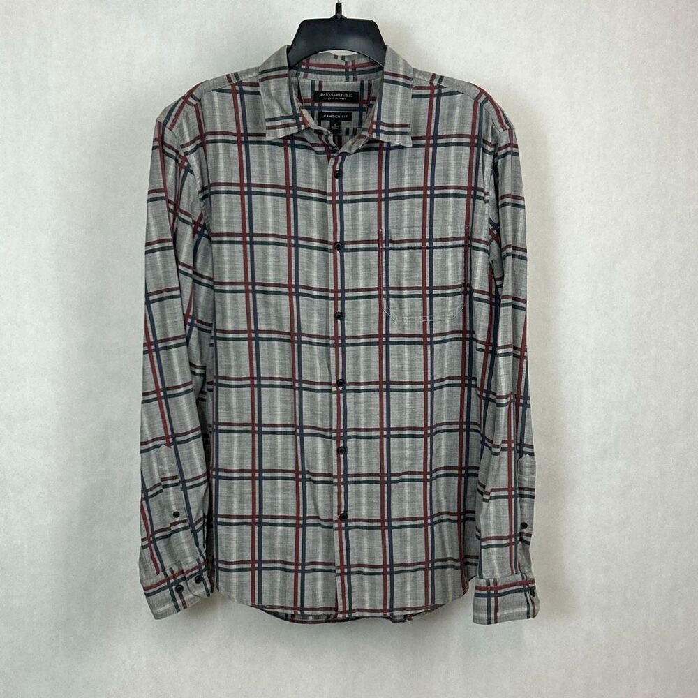 Banana Republic Luxe Flannel Button Down Shirt Camden Fit Sz Large Gray Plaid